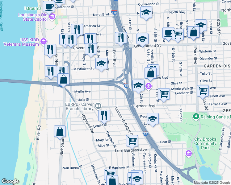 map of restaurants, bars, coffee shops, grocery stores, and more near 1110 Thomas H. Delpit Drive in Baton Rouge