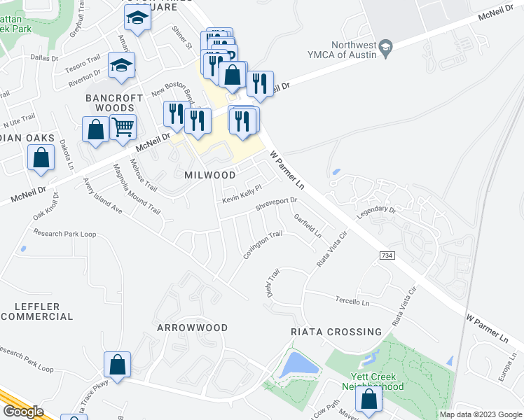 map of restaurants, bars, coffee shops, grocery stores, and more near 12917 Quinn Trail in Austin