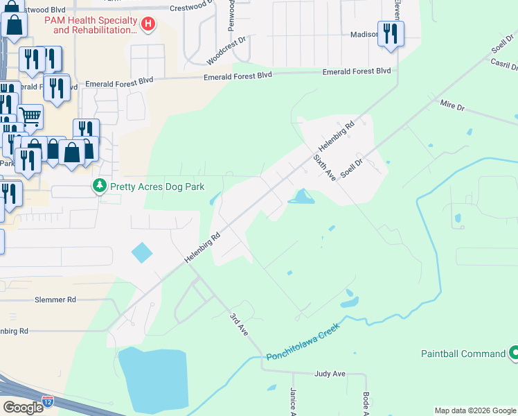 map of restaurants, bars, coffee shops, grocery stores, and more near 20393 South Street in Covington