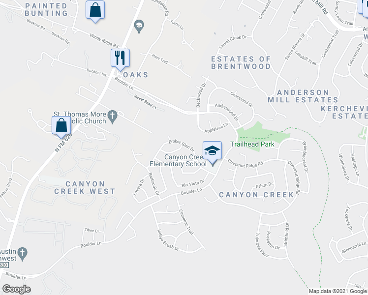 map of restaurants, bars, coffee shops, grocery stores, and more near 10309 Ember Glen Drive in Austin
