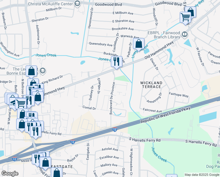 map of restaurants, bars, coffee shops, grocery stores, and more near 1768 Boulevard De Province in Baton Rouge