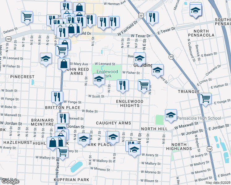 map of restaurants, bars, coffee shops, grocery stores, and more near 1211 West Hatton Street in Pensacola