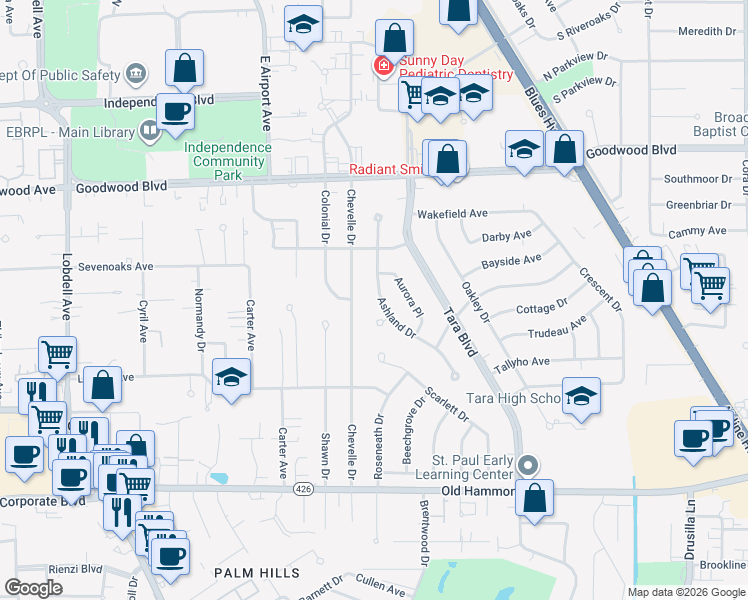 map of restaurants, bars, coffee shops, grocery stores, and more near 1196 Ashland Drive in Baton Rouge