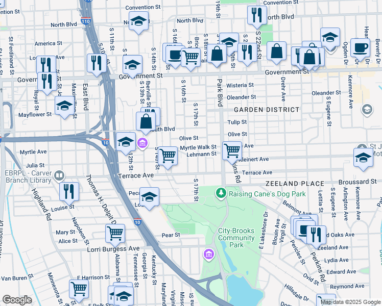 map of restaurants, bars, coffee shops, grocery stores, and more near 1621 Lehmann Street in Baton Rouge