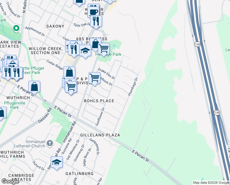 map of restaurants, bars, coffee shops, grocery stores, and more near 1500 Hollyhock Court in Pflugerville