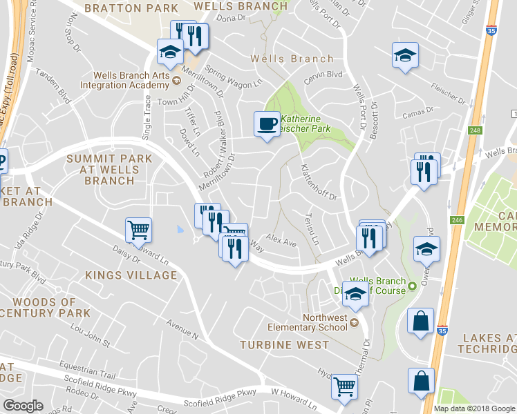 map of restaurants, bars, coffee shops, grocery stores, and more near 2137 Surrender Avenue in Austin