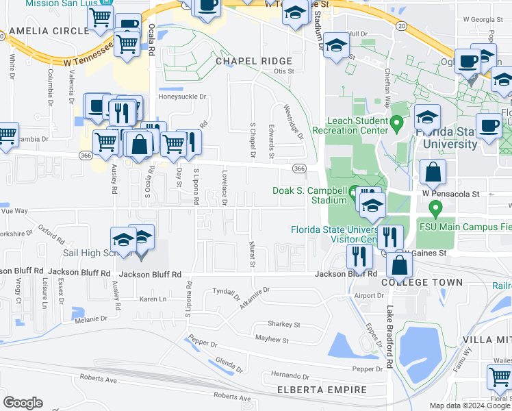 map of restaurants, bars, coffee shops, grocery stores, and more near 1736 Belle Vue Way in Tallahassee