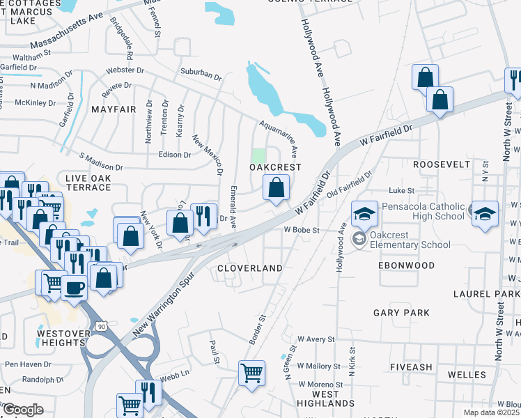 map of restaurants, bars, coffee shops, grocery stores, and more near 113 Aquamarine Avenue in Pensacola