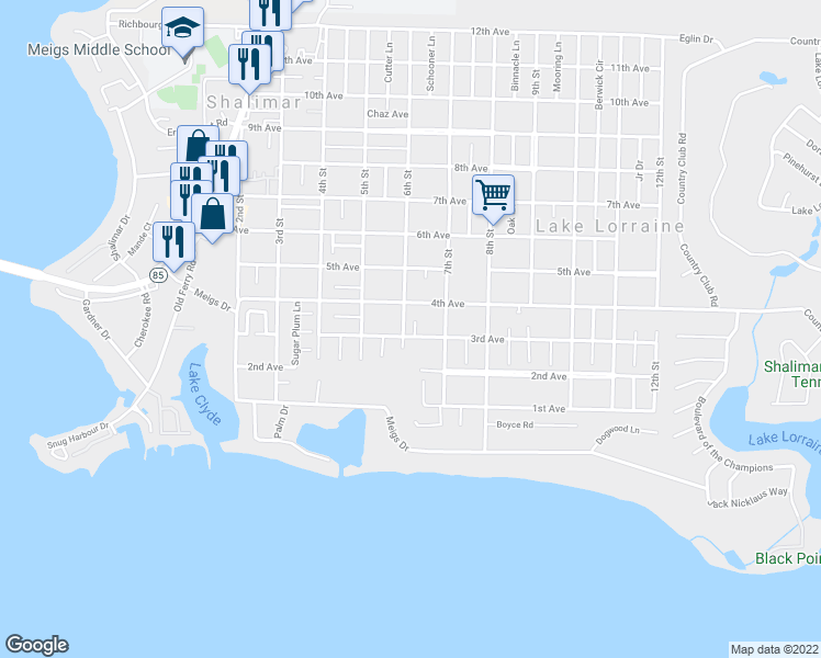 map of restaurants, bars, coffee shops, grocery stores, and more near 852 Radford Court in Shalimar