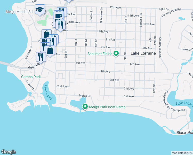 map of restaurants, bars, coffee shops, grocery stores, and more near 852 Radford Court in Shalimar