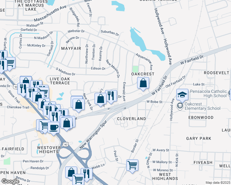 map of restaurants, bars, coffee shops, grocery stores, and more near 12 New Mexico Drive in Pensacola