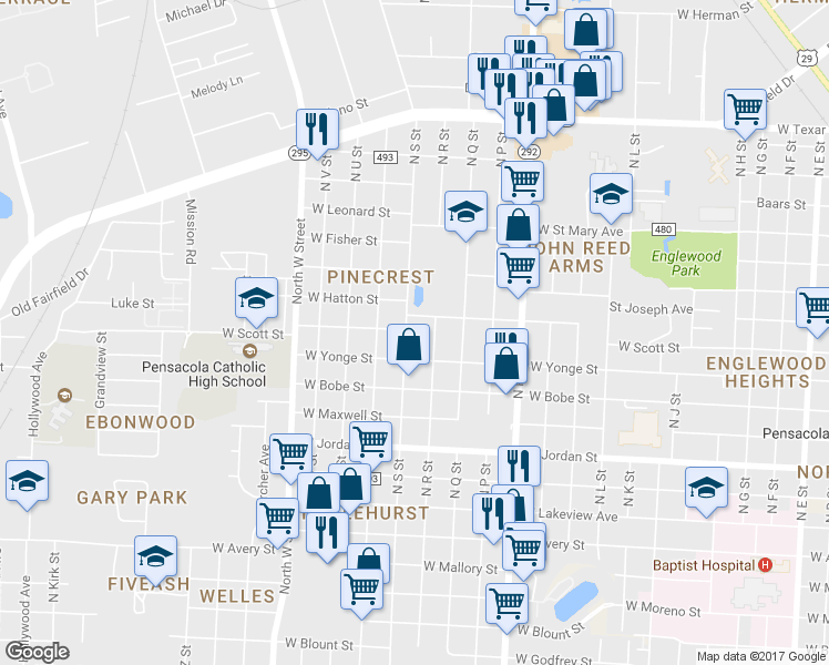 map of restaurants, bars, coffee shops, grocery stores, and more near 2412 N S St in Pensacola