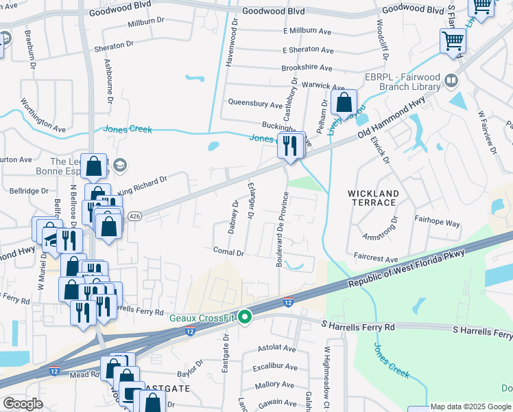map of restaurants, bars, coffee shops, grocery stores, and more near 1889 Erlanger Drive in Baton Rouge