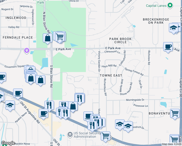 map of restaurants, bars, coffee shops, grocery stores, and more near 2037 Gardenbrook Lane in Tallahassee