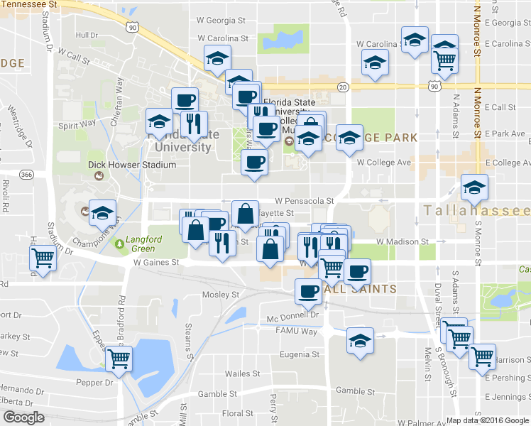 map of restaurants, bars, coffee shops, grocery stores, and more near 701 West Lafayette Street in Tallahassee