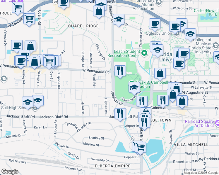 map of restaurants, bars, coffee shops, grocery stores, and more near in Tallahassee