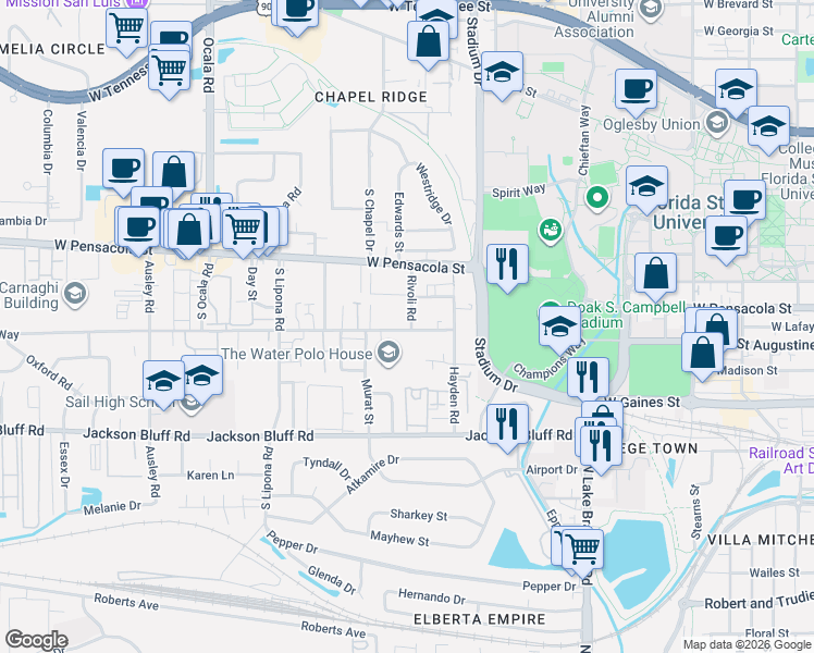 map of restaurants, bars, coffee shops, grocery stores, and more near 1618 Belle Vue Way in Tallahassee