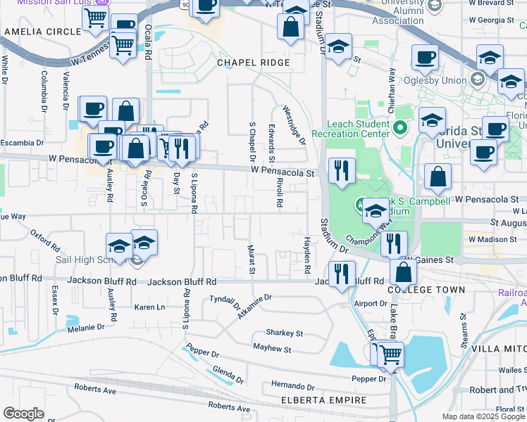 map of restaurants, bars, coffee shops, grocery stores, and more near 1736 Belle Vue Way in Tallahassee