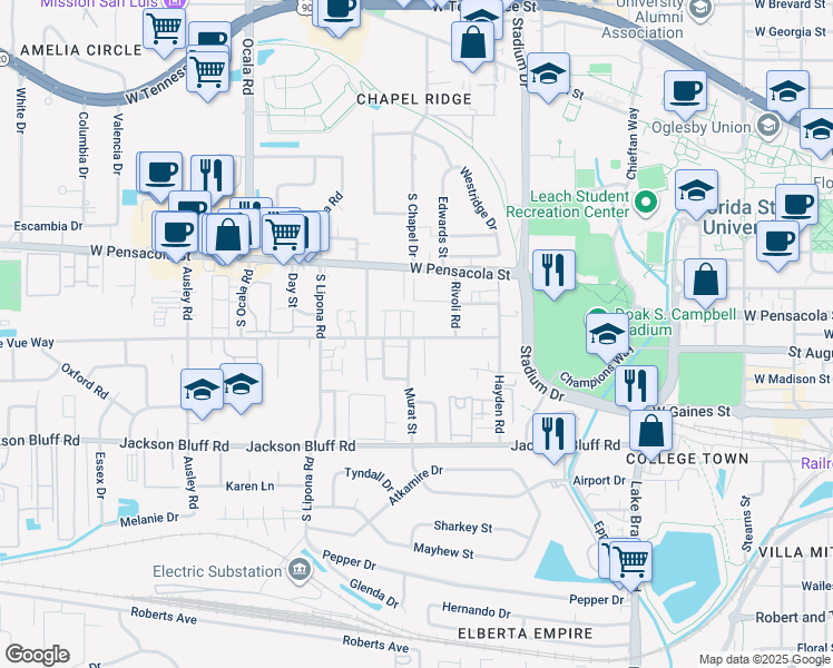 map of restaurants, bars, coffee shops, grocery stores, and more near 1736 Belle Vue Way in Tallahassee
