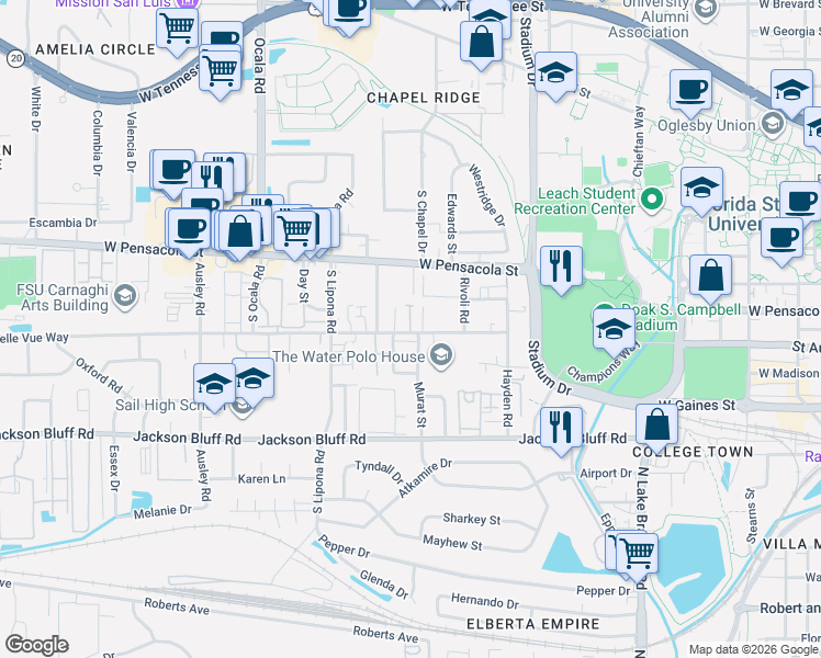 map of restaurants, bars, coffee shops, grocery stores, and more near 248 Gables Court in Tallahassee