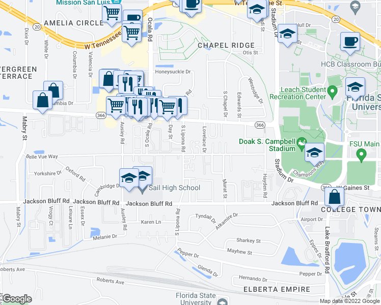 map of restaurants, bars, coffee shops, grocery stores, and more near 1862 Belle Vue Way in Tallahassee