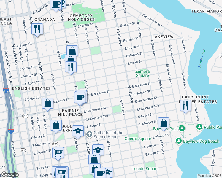 map of restaurants, bars, coffee shops, grocery stores, and more near 1500 East Maxwell Street in Pensacola