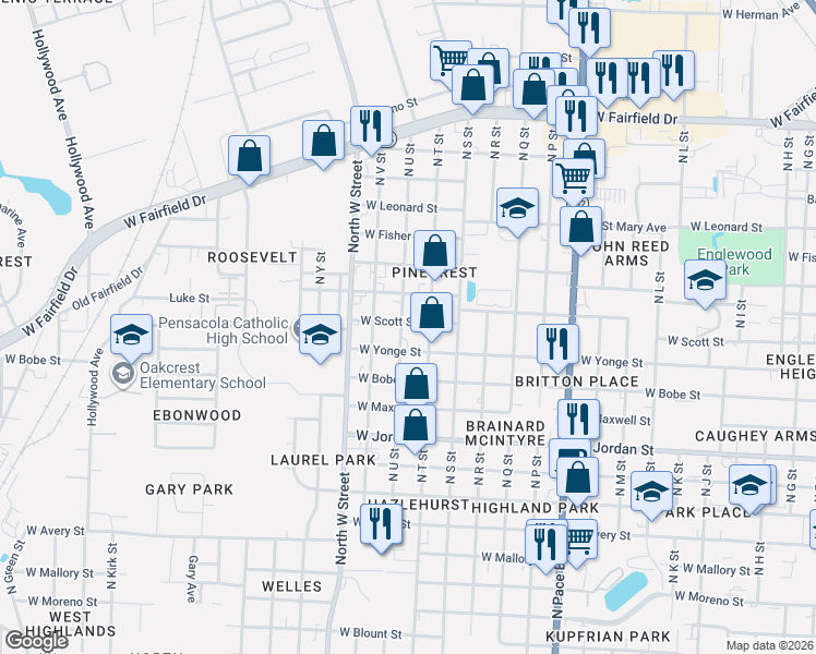 map of restaurants, bars, coffee shops, grocery stores, and more near 2425 North T Street in Pensacola