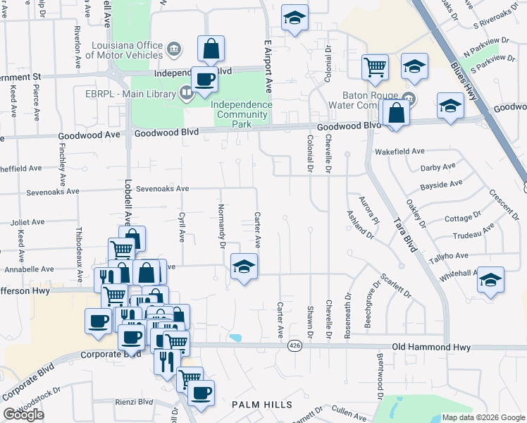 map of restaurants, bars, coffee shops, grocery stores, and more near 1299 Carter Avenue in Baton Rouge