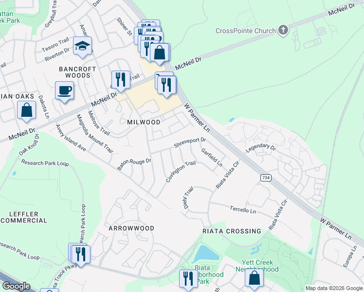 map of restaurants, bars, coffee shops, grocery stores, and more near 12917 Quinn Trail in Austin