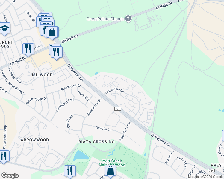 map of restaurants, bars, coffee shops, grocery stores, and more near 13411 Legendary Drive in Austin