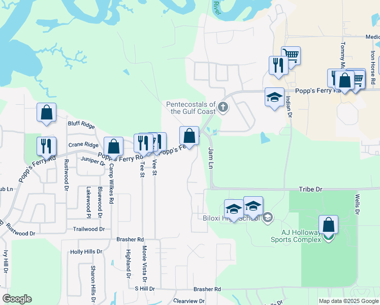 map of restaurants, bars, coffee shops, grocery stores, and more near 1961 Popp's Ferry Road in Biloxi