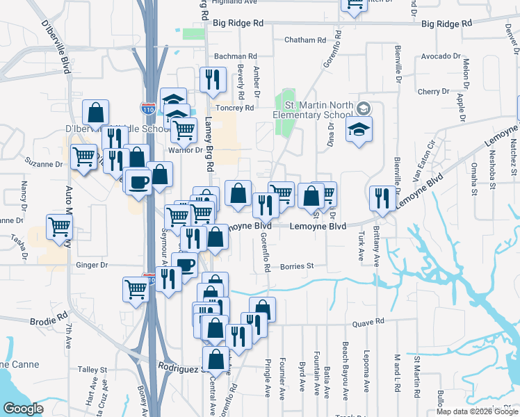 map of restaurants, bars, coffee shops, grocery stores, and more near 10381 Gorenflo Rd in D'Iberville