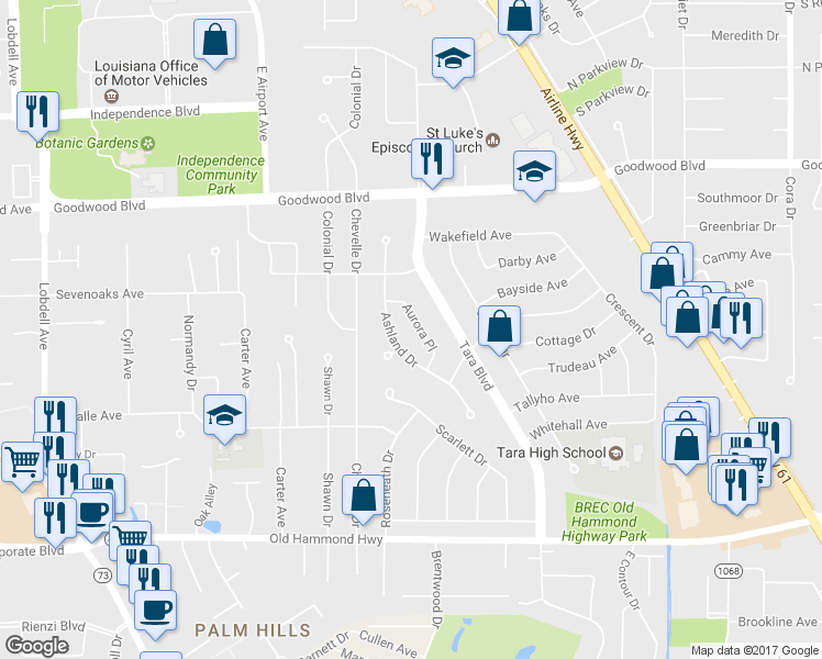 map of restaurants, bars, coffee shops, grocery stores, and more near 1174 Aurora Place in Baton Rouge