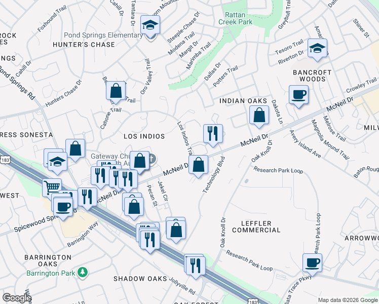 map of restaurants, bars, coffee shops, grocery stores, and more near 12485 1/2 Los Indios Trail in Austin