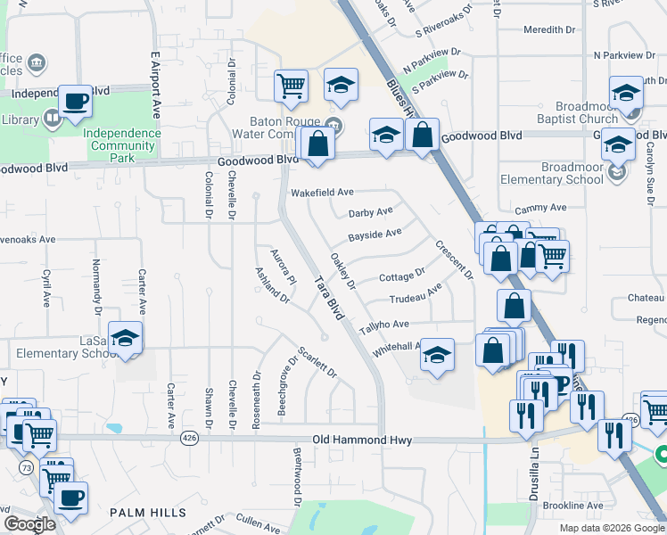 map of restaurants, bars, coffee shops, grocery stores, and more near 1266 Oakley Drive in Baton Rouge