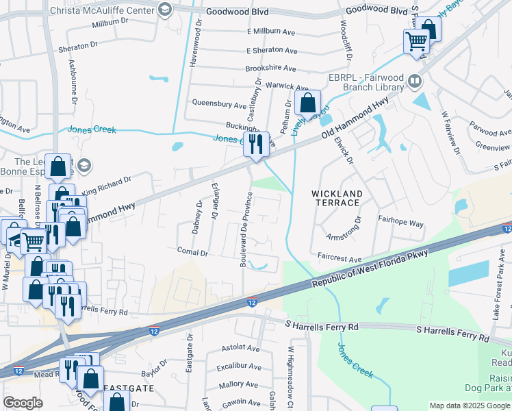 map of restaurants, bars, coffee shops, grocery stores, and more near 1768 Boulevard De Province in Baton Rouge