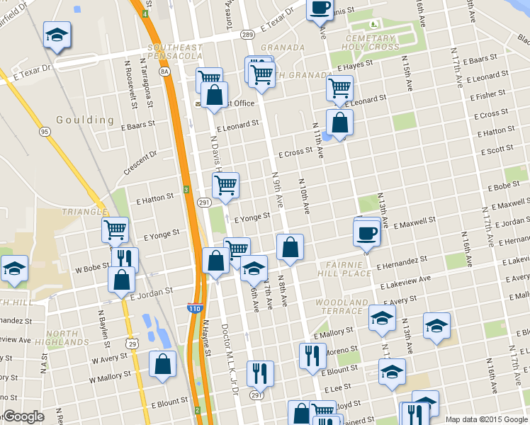 map of restaurants, bars, coffee shops, grocery stores, and more near 2401 North 8th Avenue in Pensacola