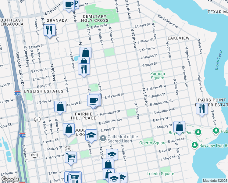 map of restaurants, bars, coffee shops, grocery stores, and more near 2208 North 14th Avenue in Pensacola