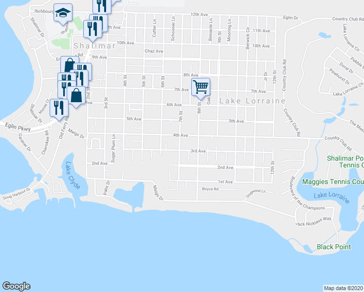 map of restaurants, bars, coffee shops, grocery stores, and more near 71 3rd Avenue in Shalimar
