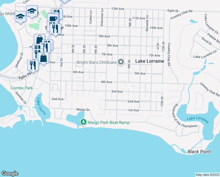 map of restaurants, bars, coffee shops, grocery stores, and more near 75A 3rd Avenue in Shalimar