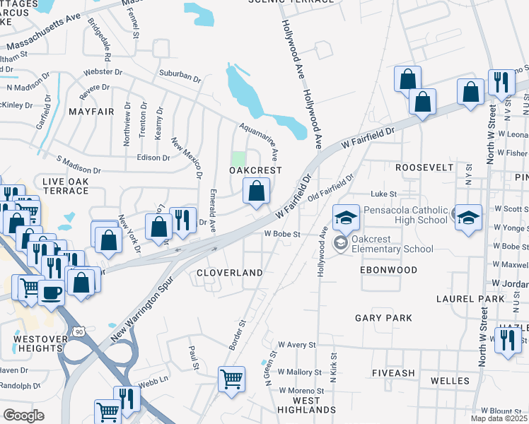 map of restaurants, bars, coffee shops, grocery stores, and more near 3700 West Fairfield Drive in Pensacola