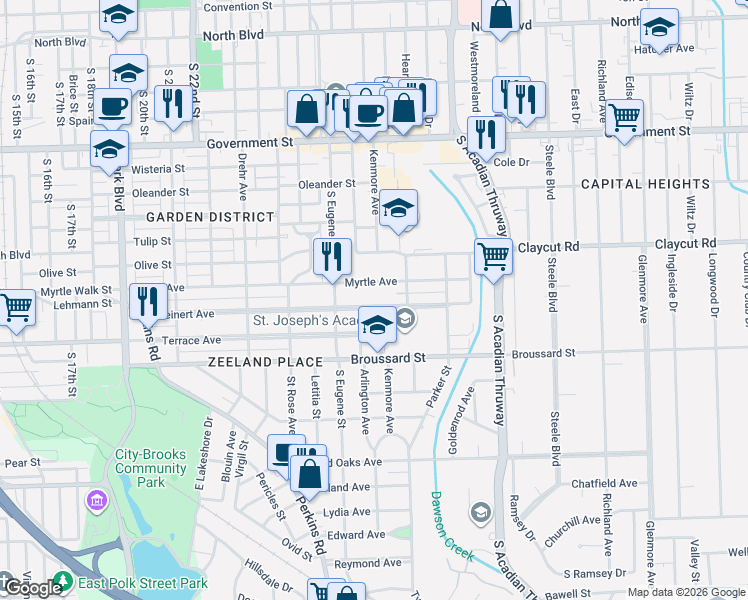 map of restaurants, bars, coffee shops, grocery stores, and more near 2975 Kleinert Avenue in Baton Rouge