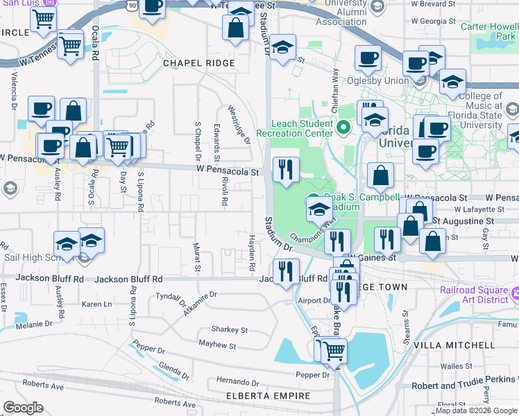 map of restaurants, bars, coffee shops, grocery stores, and more near in Tallahassee