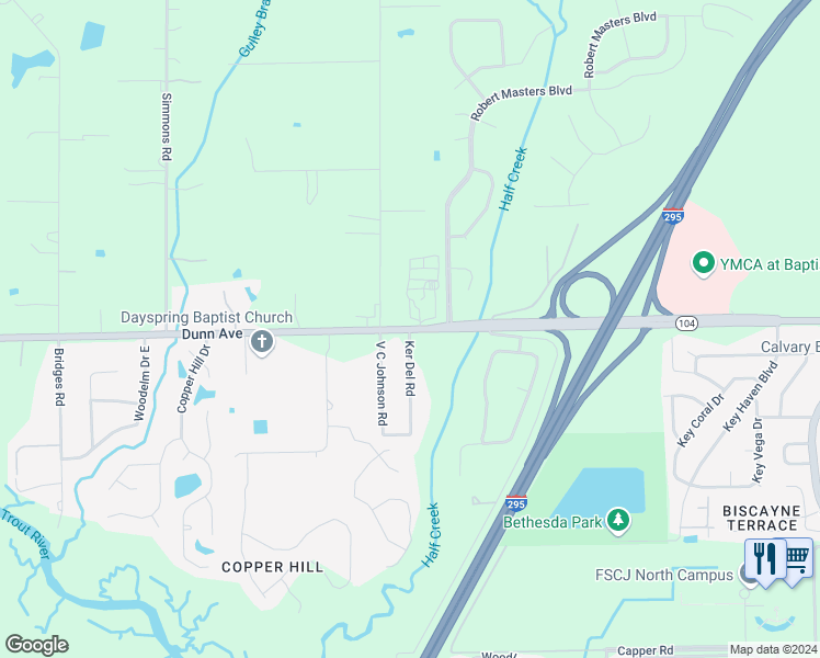 map of restaurants, bars, coffee shops, grocery stores, and more near Dunn Ave & Ker Del Rd in Jacksonville