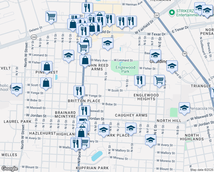 map of restaurants, bars, coffee shops, grocery stores, and more near 2517 North L Street in Pensacola