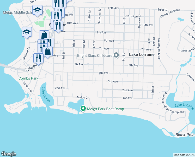 map of restaurants, bars, coffee shops, grocery stores, and more near 61 3rd Avenue in Shalimar