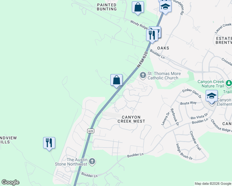map of restaurants, bars, coffee shops, grocery stores, and more near 9717 Ranch Road 620 North in Austin