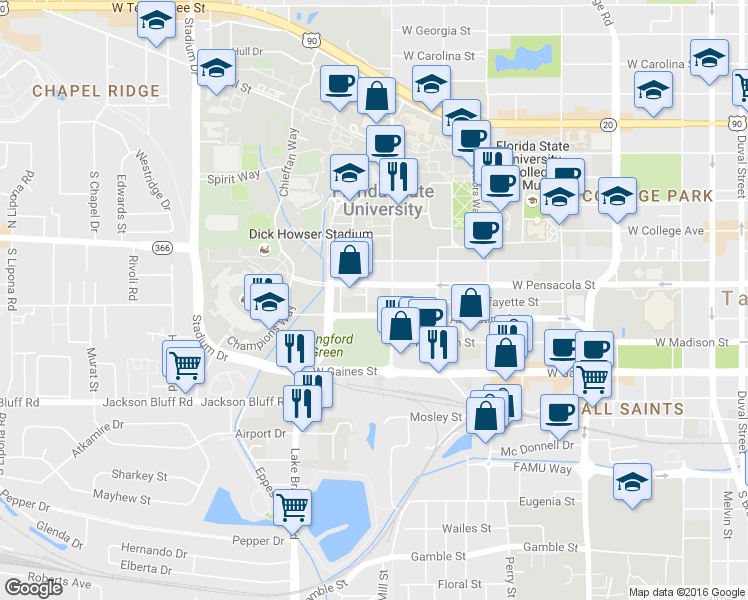 map of restaurants, bars, coffee shops, grocery stores, and more near 417 Walker Street in Tallahassee