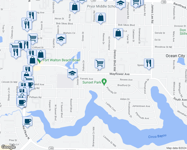 map of restaurants, bars, coffee shops, grocery stores, and more near 734 Mayflower Avenue in Fort Walton Beach