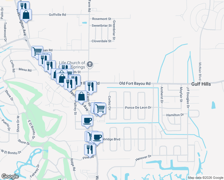 map of restaurants, bars, coffee shops, grocery stores, and more near 6648 Cortez Circle in Ocean Springs